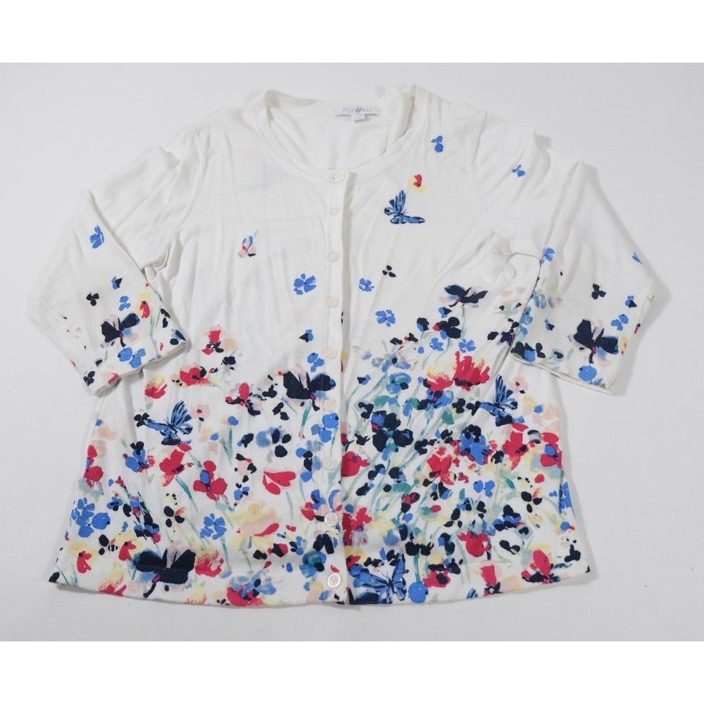 Roz & Ali Cardigan Womens Medium White Floral Butterfly Button Front Knit Top